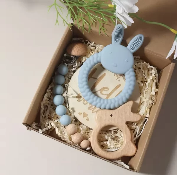 Baby Boy Gift Set With Silicone Teether and Pacifier Chain