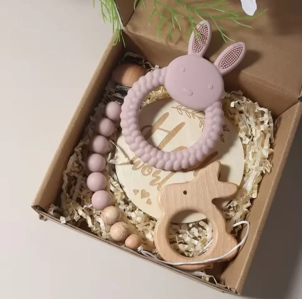 Baby Girl Gift Set With Silicone Teether and Pacifier Chain